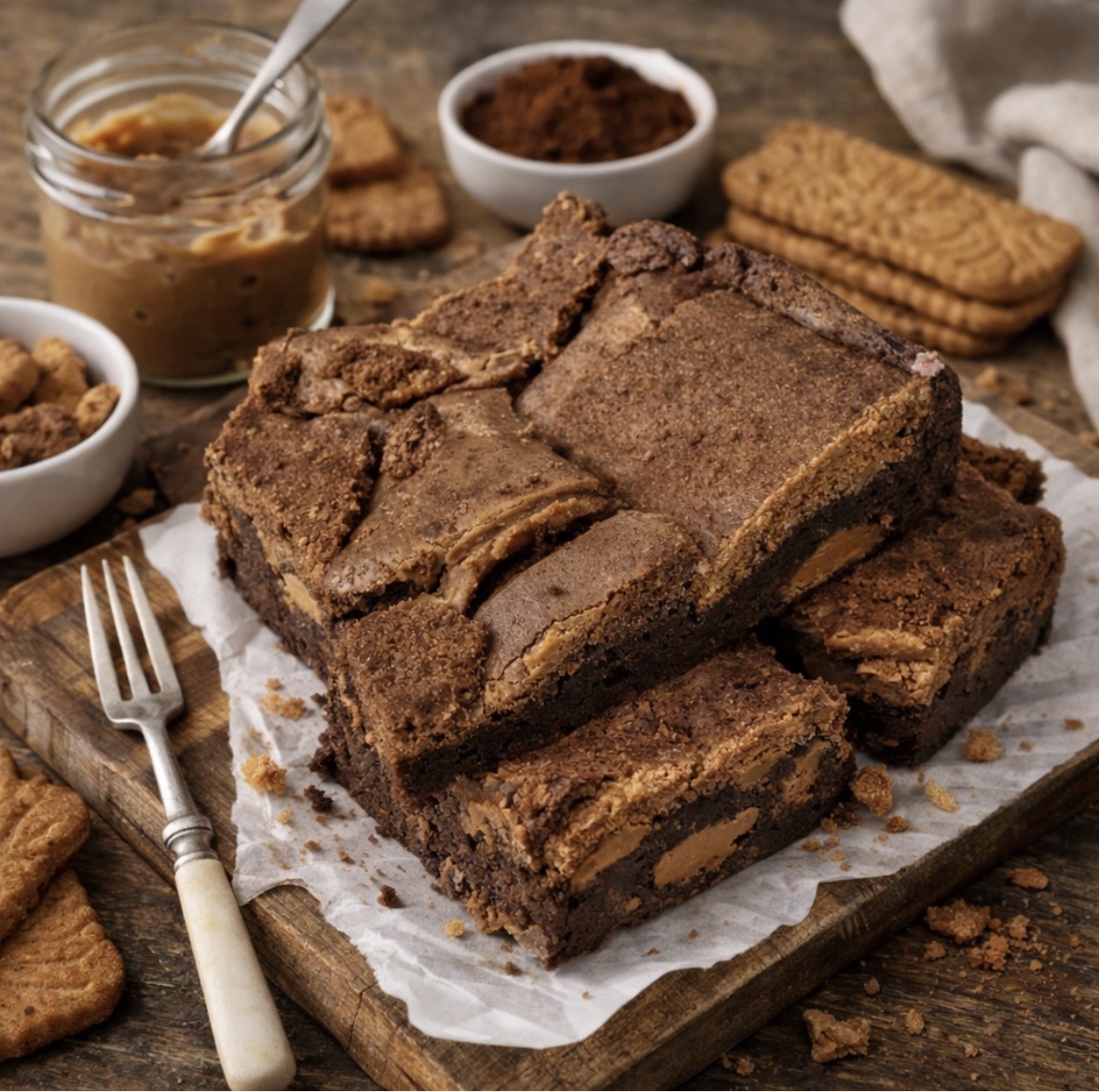 Brownie met een vulling van Speculoos en als topping speculoos-koekjes
