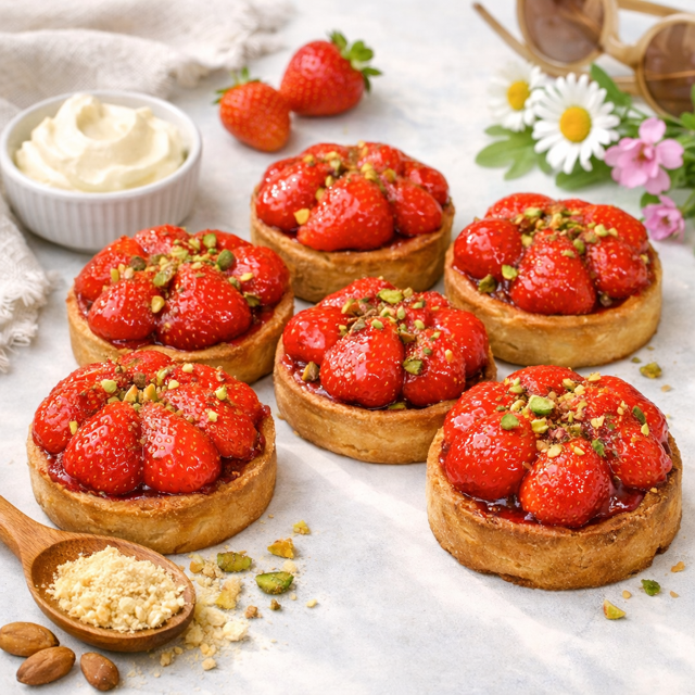 Roomboter tartelette met een vulling van frangipane en framboos met een topping van verse aardbeien en pistache nootjes