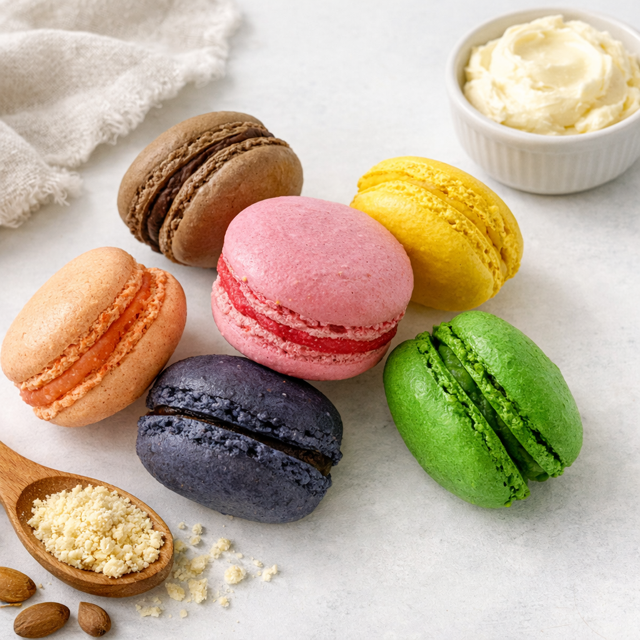 Macarons in de smaken: framboos, pistache, citroen, sinaasappel, chocolade en bosvruchten
